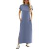 imageGRECERELLE 2025 Women Summer Mock Neck Short Sleeve Casual Loose Split WrinkleFree Long Maxi Dress with PocketsDenim Blue
