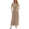 imageGRECERELLE 2025 Women Summer Mock Neck Short Sleeve Casual Loose Split WrinkleFree Long Maxi Dress with PocketsKhaki
