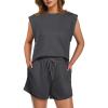 imageGRECERELLE 2025 Womens Summer 2 Piece Outfits Round Neck Cap Sleeve Top with Pocket Short SetsDark Gray