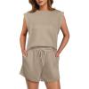 imageGRECERELLE 2025 Womens Summer 2 Piece Outfits Round Neck Cap Sleeve Top with Pocket Short SetsKhaki