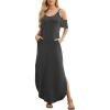 imageGRECERELLE Women Summer Maxi Dresses Casual Loose Strapless Strap Cold Shoulder Short Sleeve Split Long Dress with PocketDark Gray