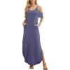 imageGRECERELLE Women Summer Maxi Dresses Casual Loose Strapless Strap Cold Shoulder Short Sleeve Split Long Dress with PocketPurple Gray