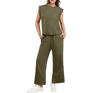 imageGRECERELLE 2025 Two Piece Sets for Women Summer Round Neck Cap Sleeve Top and Wide Leg Pants with PocketsArmy Green