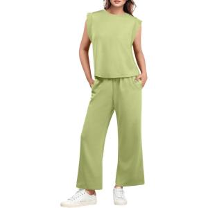 imageGRECERELLE 2025 Two Piece Sets for Women Summer Round Neck Cap Sleeve Top and Wide Leg Pants with PocketsAvocado Green