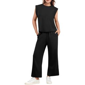imageGRECERELLE 2025 Two Piece Sets for Women Summer Round Neck Cap Sleeve Top and Wide Leg Pants with PocketsBlack