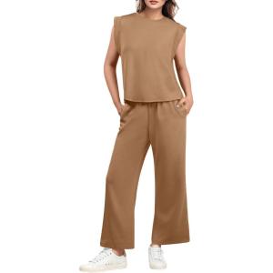 imageGRECERELLE 2025 Two Piece Sets for Women Summer Round Neck Cap Sleeve Top and Wide Leg Pants with PocketsCamel