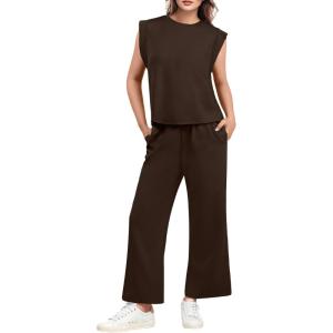 imageGRECERELLE 2025 Two Piece Sets for Women Summer Round Neck Cap Sleeve Top and Wide Leg Pants with PocketsDark Coffee