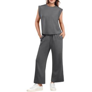 imageGRECERELLE 2025 Two Piece Sets for Women Summer Round Neck Cap Sleeve Top and Wide Leg Pants with PocketsDark Gray