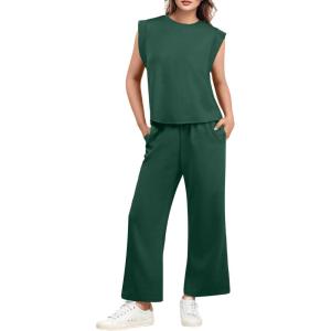 imageGRECERELLE 2025 Two Piece Sets for Women Summer Round Neck Cap Sleeve Top and Wide Leg Pants with PocketsDark Green