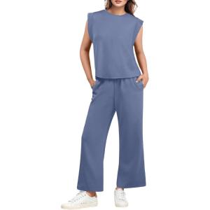 imageGRECERELLE 2025 Two Piece Sets for Women Summer Round Neck Cap Sleeve Top and Wide Leg Pants with PocketsDenim Blue