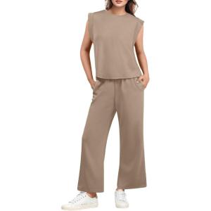 imageGRECERELLE 2025 Two Piece Sets for Women Summer Round Neck Cap Sleeve Top and Wide Leg Pants with PocketsKhaki