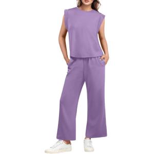 imageGRECERELLE 2025 Two Piece Sets for Women Summer Round Neck Cap Sleeve Top and Wide Leg Pants with PocketsLilac