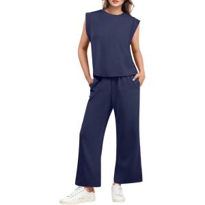imageGRECERELLE 2025 Two Piece Sets for Women Summer Round Neck Cap Sleeve Top and Wide Leg Pants with PocketsNavy Blue