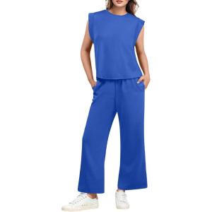 imageGRECERELLE 2025 Two Piece Sets for Women Summer Round Neck Cap Sleeve Top and Wide Leg Pants with PocketsRoyal Blue
