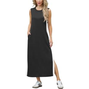 imageGRECERELLE 2025 Women Summer Color Blocking Round Neck Sleeveless Casual WrinkleFree Side Split Maxi Dress with PocketsBlack White