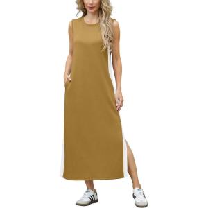 imageGRECERELLE 2025 Women Summer Color Blocking Round Neck Sleeveless Casual WrinkleFree Side Split Maxi Dress with PocketsGinger White