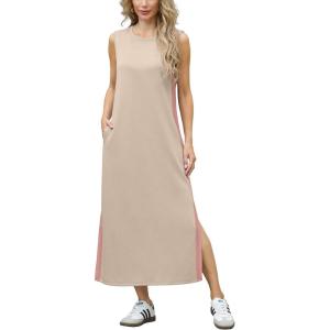 imageGRECERELLE 2025 Women Summer Color Blocking Round Neck Sleeveless Casual WrinkleFree Side Split Maxi Dress with PocketsKhaki Pink