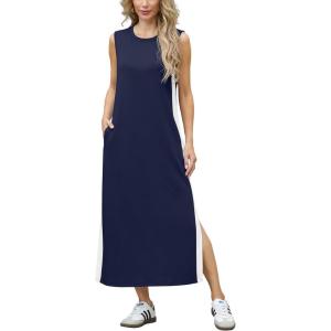 imageGRECERELLE 2025 Women Summer Color Blocking Round Neck Sleeveless Casual WrinkleFree Side Split Maxi Dress with PocketsNavy Blue White