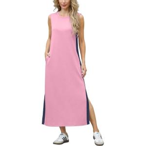 imageGRECERELLE 2025 Women Summer Color Blocking Round Neck Sleeveless Casual WrinkleFree Side Split Maxi Dress with PocketsPink Blue