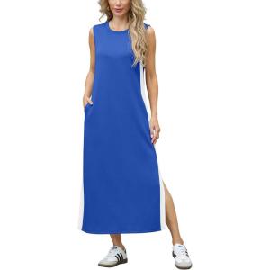 imageGRECERELLE 2025 Women Summer Color Blocking Round Neck Sleeveless Casual WrinkleFree Side Split Maxi Dress with PocketsRoyal Blue White