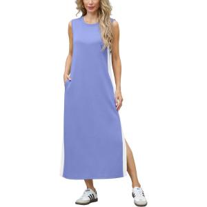 imageGRECERELLE 2025 Women Summer Color Blocking Round Neck Sleeveless Casual WrinkleFree Side Split Maxi Dress with PocketsSky Blue White