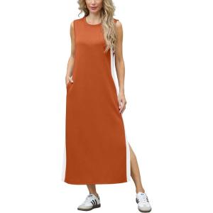imageGRECERELLE 2025 Women Summer Color Blocking Round Neck Sleeveless Casual WrinkleFree Side Split Maxi Dress with PocketsTan White