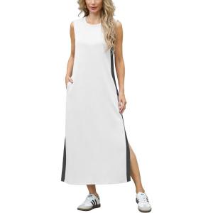 imageGRECERELLE 2025 Women Summer Color Blocking Round Neck Sleeveless Casual WrinkleFree Side Split Maxi Dress with PocketsWhite Black