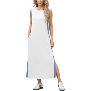 imageGRECERELLE 2025 Women Summer Color Blocking Round Neck Sleeveless Casual WrinkleFree Side Split Maxi Dress with PocketsWhite Sky Blue