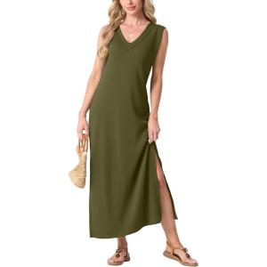 imageGRECERELLE 2025 Women Summer InsideOut VNeck Casual Loose Split WrinkleFree Long Maxi Beach Dress with PocketsArmy Green