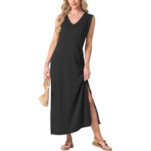 imageGRECERELLE 2025 Women Summer InsideOut VNeck Casual Loose Split WrinkleFree Long Maxi Beach Dress with PocketsBlack