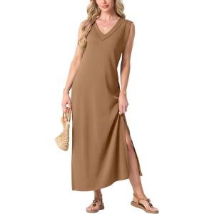 imageGRECERELLE 2025 Women Summer InsideOut VNeck Casual Loose Split WrinkleFree Long Maxi Beach Dress with PocketsCamel