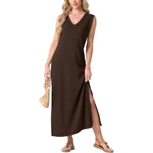 imageGRECERELLE 2025 Women Summer InsideOut VNeck Casual Loose Split WrinkleFree Long Maxi Beach Dress with PocketsDark Coffee