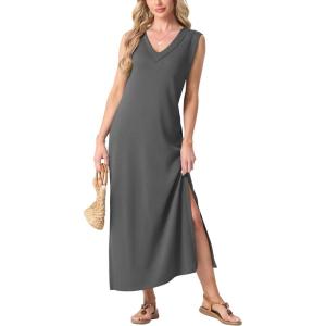 imageGRECERELLE 2025 Women Summer InsideOut VNeck Casual Loose Split WrinkleFree Long Maxi Beach Dress with PocketsDark Gray