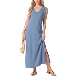 imageGRECERELLE 2025 Women Summer InsideOut VNeck Casual Loose Split WrinkleFree Long Maxi Beach Dress with PocketsDenim Blue