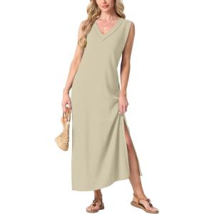 imageGRECERELLE 2025 Women Summer InsideOut VNeck Casual Loose Split WrinkleFree Long Maxi Beach Dress with PocketsKhaki