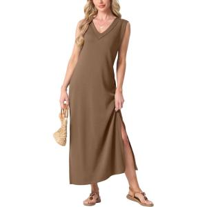 imageGRECERELLE 2025 Women Summer InsideOut VNeck Casual Loose Split WrinkleFree Long Maxi Beach Dress with PocketsLight Coffee