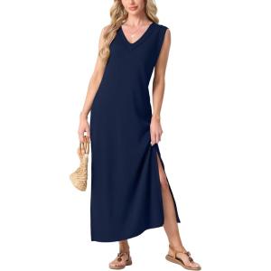 imageGRECERELLE 2025 Women Summer InsideOut VNeck Casual Loose Split WrinkleFree Long Maxi Beach Dress with PocketsNavy Blue