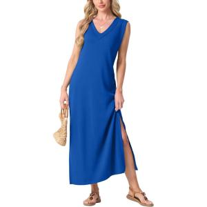 imageGRECERELLE 2025 Women Summer InsideOut VNeck Casual Loose Split WrinkleFree Long Maxi Beach Dress with PocketsRoyal Blue