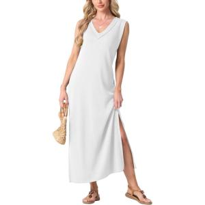 imageGRECERELLE 2025 Women Summer InsideOut VNeck Casual Loose Split WrinkleFree Long Maxi Beach Dress with PocketsWhite
