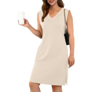 imageGRECERELLE 2025 Women Summer InsideOut VNeck Casual Loose Split WrinkleFree Midi Dress with PocketsApricot White