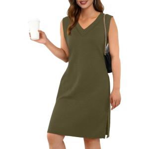 imageGRECERELLE 2025 Women Summer InsideOut VNeck Casual Loose Split WrinkleFree Midi Dress with PocketsArmy Green