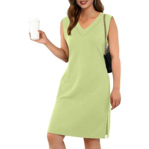 imageGRECERELLE 2025 Women Summer InsideOut VNeck Casual Loose Split WrinkleFree Midi Dress with PocketsAvocado Green