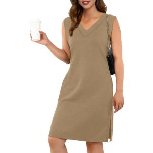 imageGRECERELLE 2025 Women Summer InsideOut VNeck Casual Loose Split WrinkleFree Midi Dress with PocketsBrown