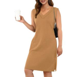 imageGRECERELLE 2025 Women Summer InsideOut VNeck Casual Loose Split WrinkleFree Midi Dress with PocketsCamel