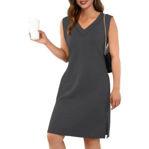 imageGRECERELLE 2025 Women Summer InsideOut VNeck Casual Loose Split WrinkleFree Midi Dress with PocketsDark Gray