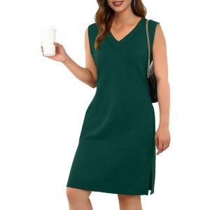 imageGRECERELLE 2025 Women Summer InsideOut VNeck Casual Loose Split WrinkleFree Midi Dress with PocketsDark Green