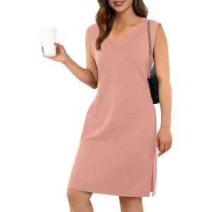 imageGRECERELLE 2025 Women Summer InsideOut VNeck Casual Loose Split WrinkleFree Midi Dress with PocketsDeep Pink