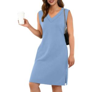 imageGRECERELLE 2025 Women Summer InsideOut VNeck Casual Loose Split WrinkleFree Midi Dress with PocketsDenim Blue