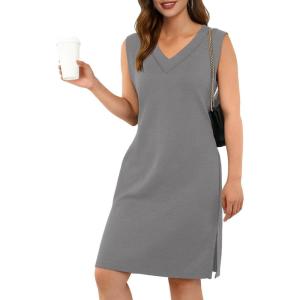 imageGRECERELLE 2025 Women Summer InsideOut VNeck Casual Loose Split WrinkleFree Midi Dress with PocketsGrey