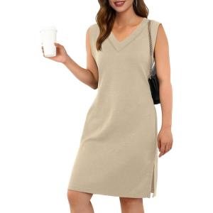 imageGRECERELLE 2025 Women Summer InsideOut VNeck Casual Loose Split WrinkleFree Midi Dress with PocketsKhaki